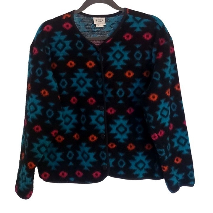 Vintage David Wayne Cardigan Size Small Western Native Print Turquoise Black